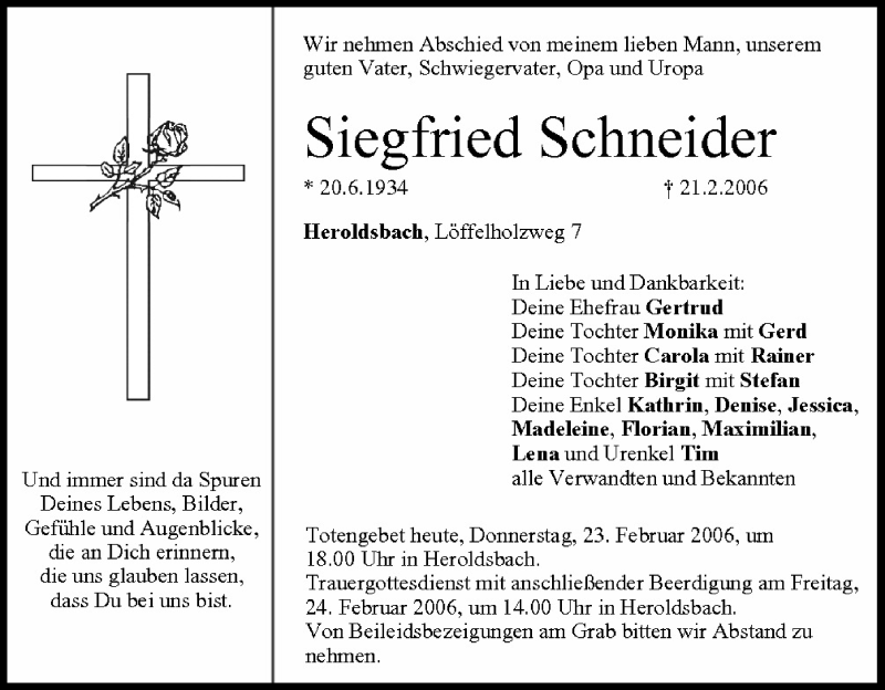  Traueranzeige für Siegfried Schneider vom 23.02.2006 aus MGO