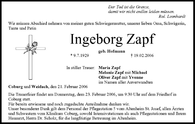  Traueranzeige für Ingeborg Zapf vom 21.02.2006 aus MGO