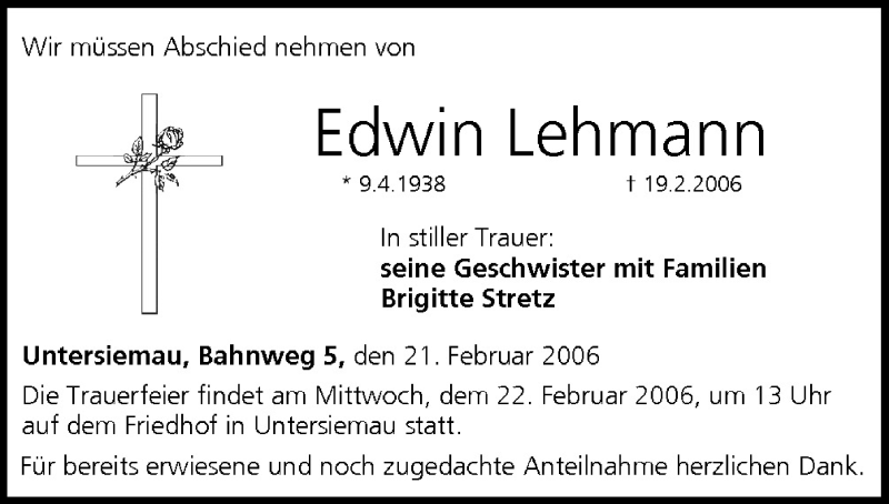  Traueranzeige für Edwin Lehmann vom 21.02.2006 aus MGO