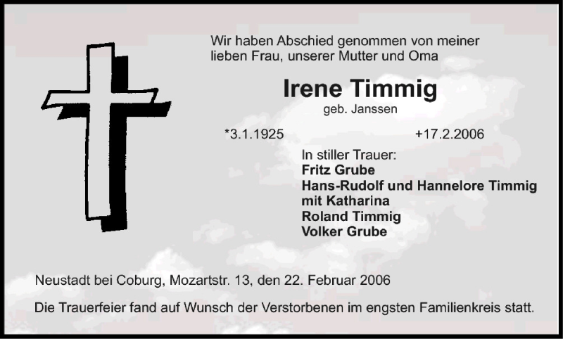  Traueranzeige für Irene Timmig vom 22.02.2006 aus MGO