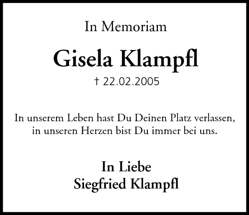 Traueranzeige für Gisela Klampfl vom 22.02.2006 aus MGO