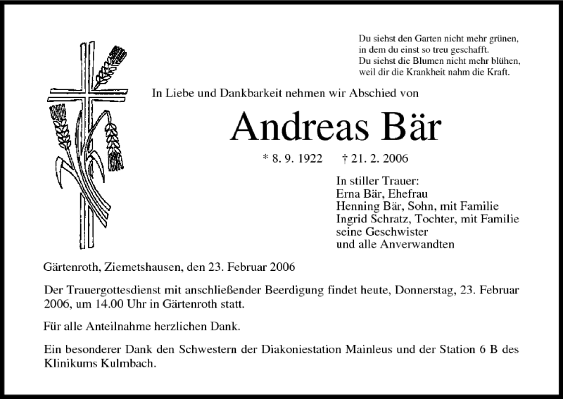  Traueranzeige für Andreas Bär vom 23.02.2006 aus MGO