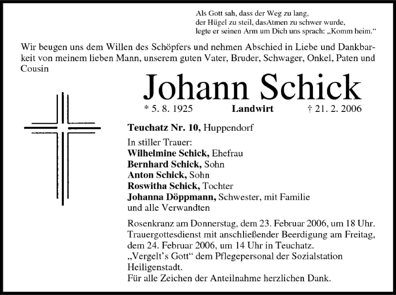  Traueranzeige für Johann Schick vom 23.02.2006 aus MGO