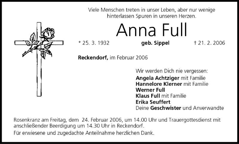  Traueranzeige für Anna Full vom 23.02.2006 aus MGO