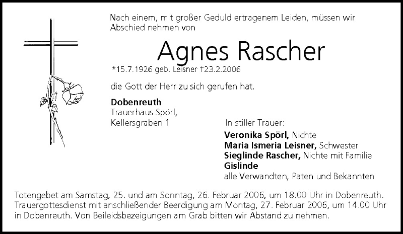  Traueranzeige für Agnes Rascher vom 24.02.2006 aus MGO