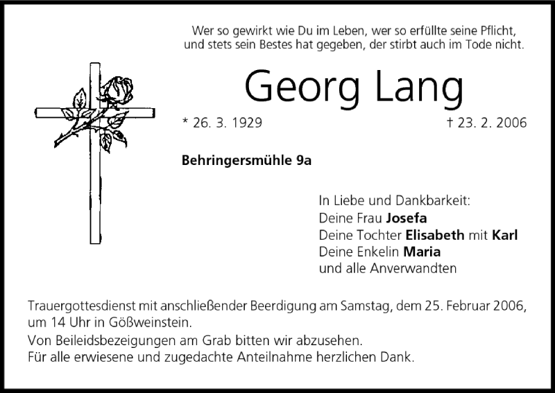  Traueranzeige für Georg Lang vom 24.02.2006 aus MGO