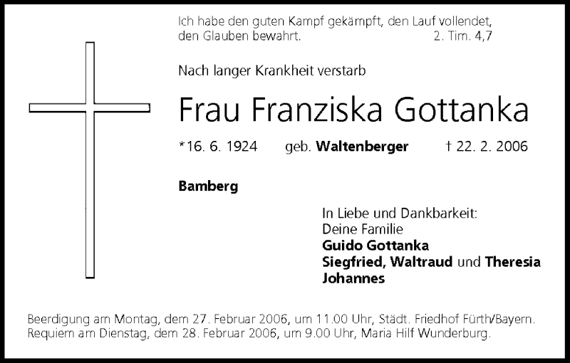  Traueranzeige für Franziska Gottanka vom 24.02.2006 aus MGO