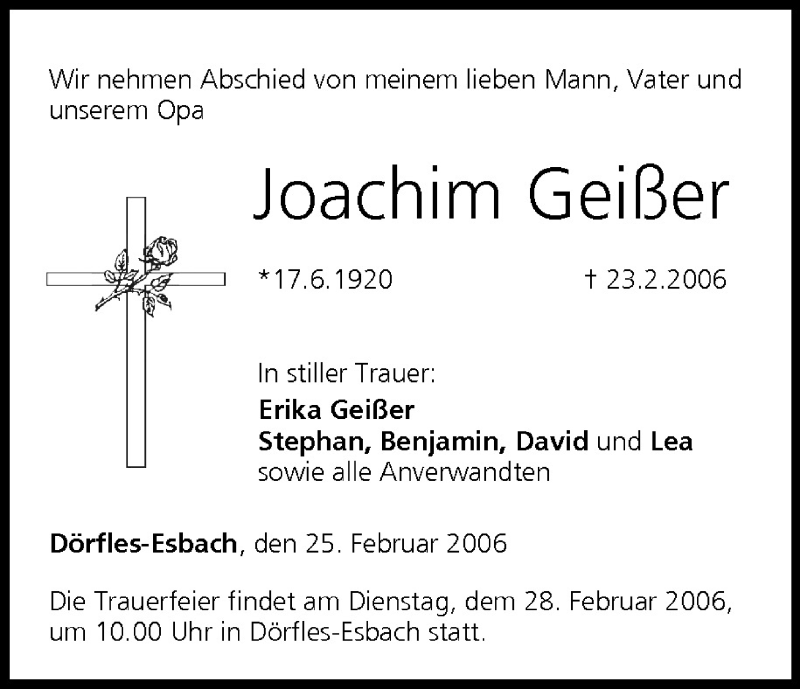  Traueranzeige für Joachim Geißer vom 25.02.2006 aus MGO