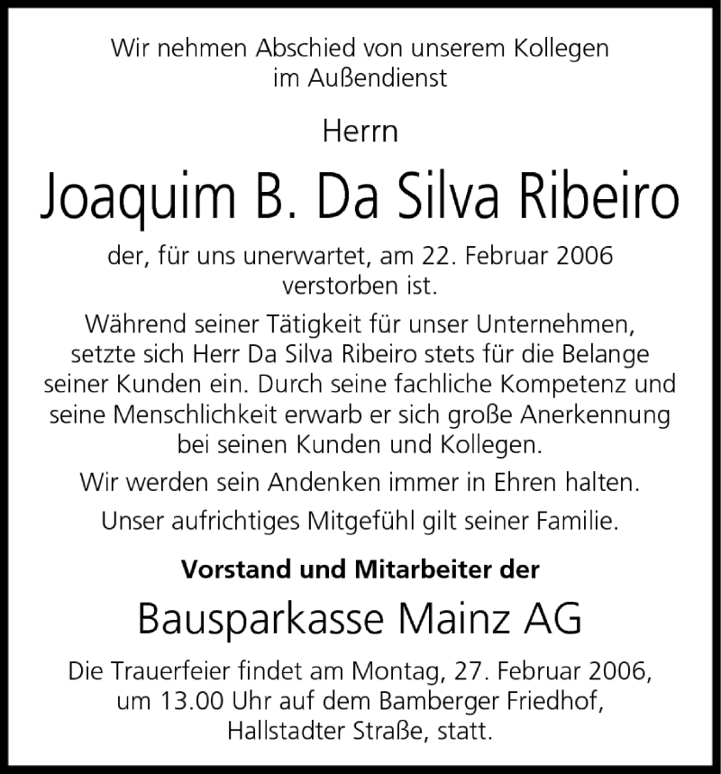  Traueranzeige für Joaquim B. Da Silva Ribeiro vom 25.02.2006 aus MGO