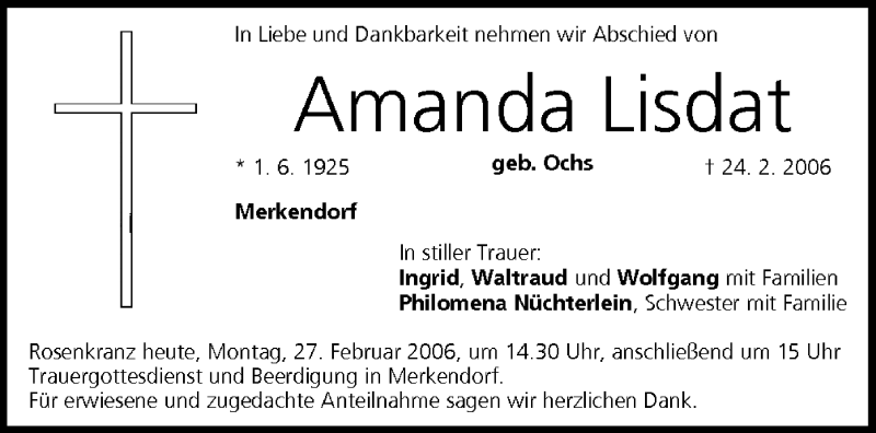  Traueranzeige für Amanda Lisdat vom 27.02.2006 aus MGO