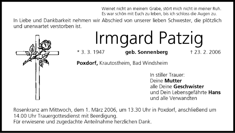  Traueranzeige für Irmgard Patzig vom 27.02.2006 aus MGO