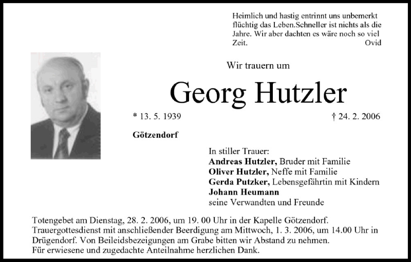  Traueranzeige für Georg Hutzler vom 27.02.2006 aus MGO