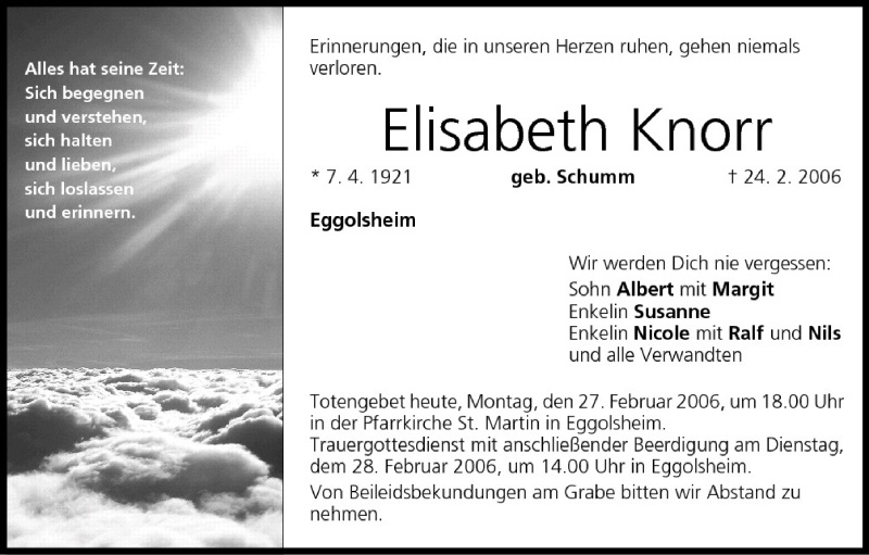  Traueranzeige für Elisabeth Knorr vom 27.02.2006 aus MGO
