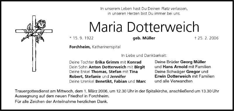 Traueranzeige für Maria Dotterweich vom 27.02.2006 aus MGO
