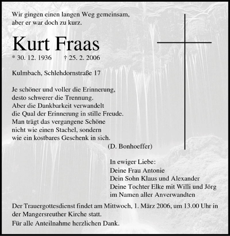  Traueranzeige für Kurt Fraas vom 27.02.2006 aus MGO