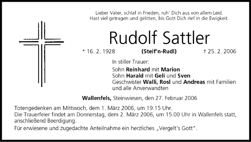  Traueranzeige für Rudolf Sattler vom 27.02.2006 aus MGO