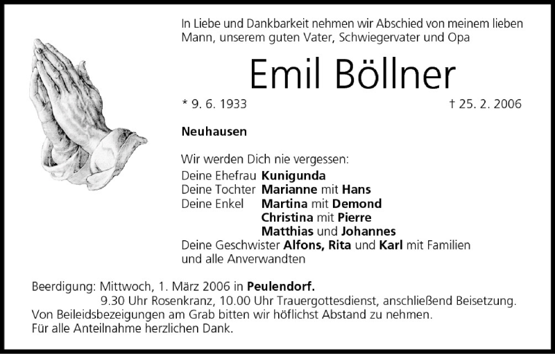  Traueranzeige für Emil Böllner vom 27.02.2006 aus MGO