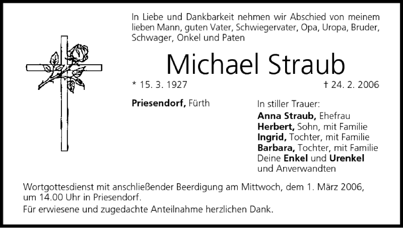  Traueranzeige für Michael Straub vom 27.02.2006 aus MGO