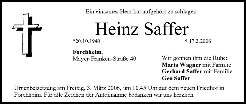  Traueranzeige für Heinz Saffer vom 01.03.2006 aus MGO