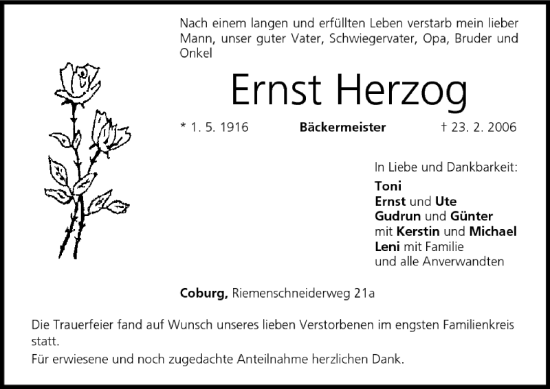  Traueranzeige für Ernst Herzog vom 28.02.2006 aus MGO