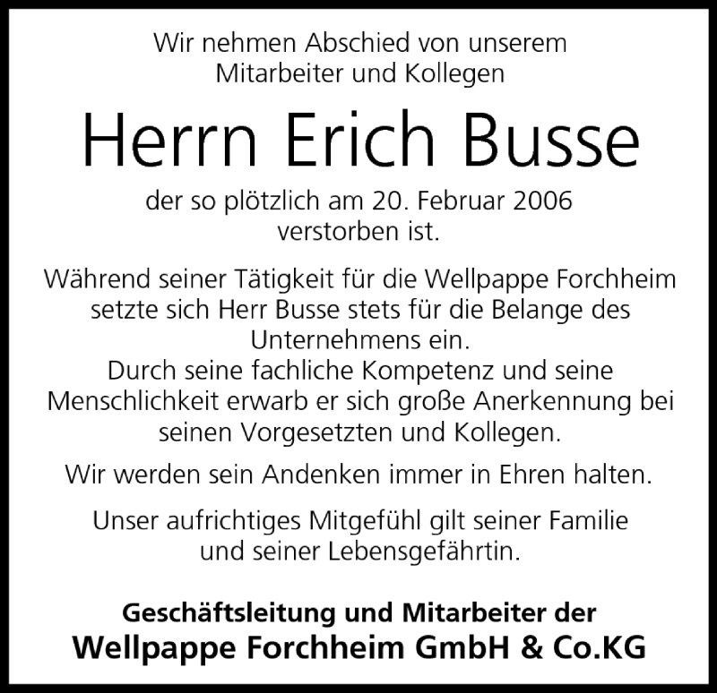  Traueranzeige für Erich Busse vom 28.02.2006 aus MGO