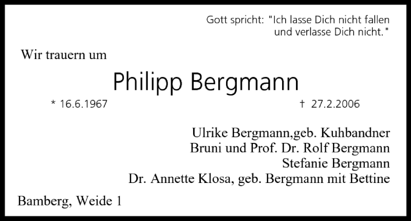  Traueranzeige für Philipp Bergmann vom 03.03.2006 aus MGO