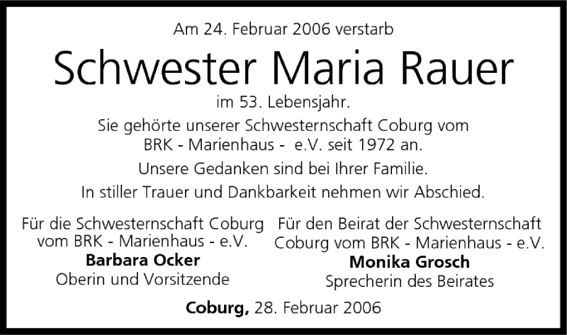  Traueranzeige für Maria Rauer vom 02.03.2006 aus MGO