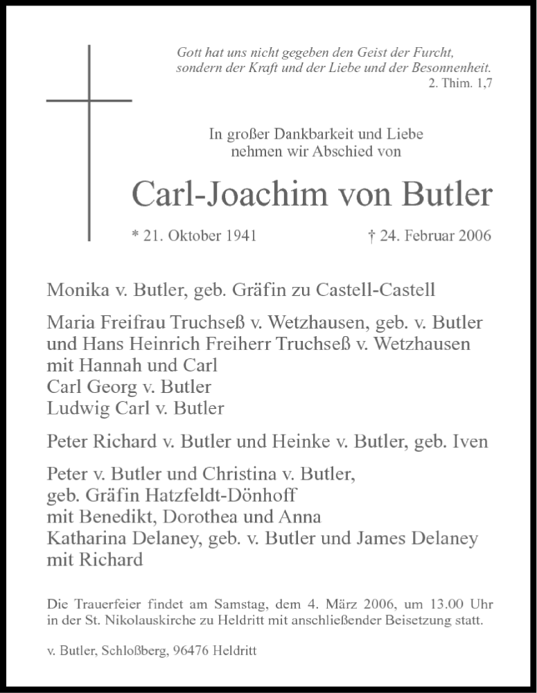  Traueranzeige für Carl-Joachim von Butler vom 02.03.2006 aus MGO