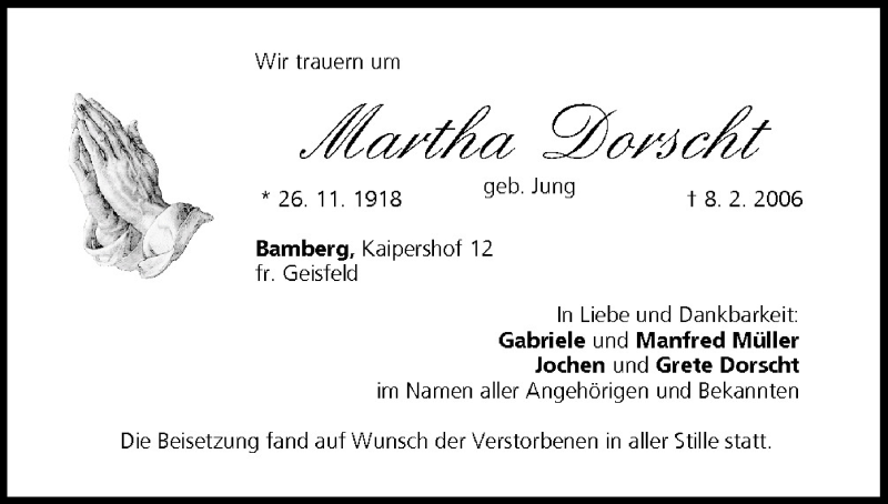  Traueranzeige für Martha Dorscht vom 03.03.2006 aus MGO