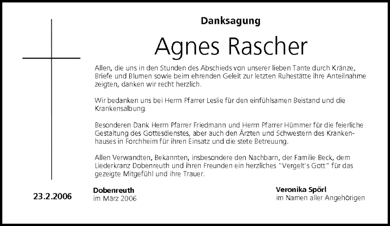  Traueranzeige für Agnes Rascher vom 04.03.2006 aus MGO