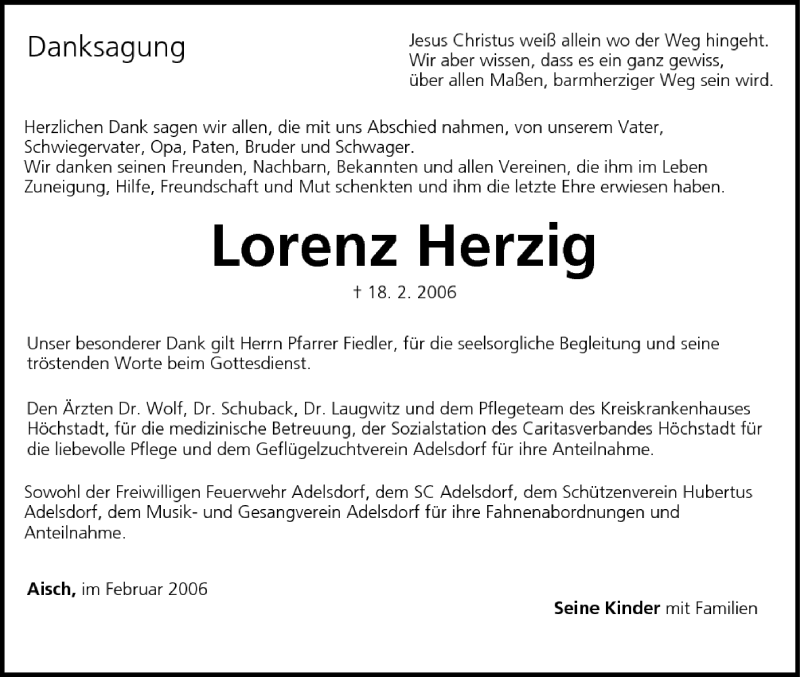  Traueranzeige für Lorenz Herzig vom 03.03.2006 aus MGO