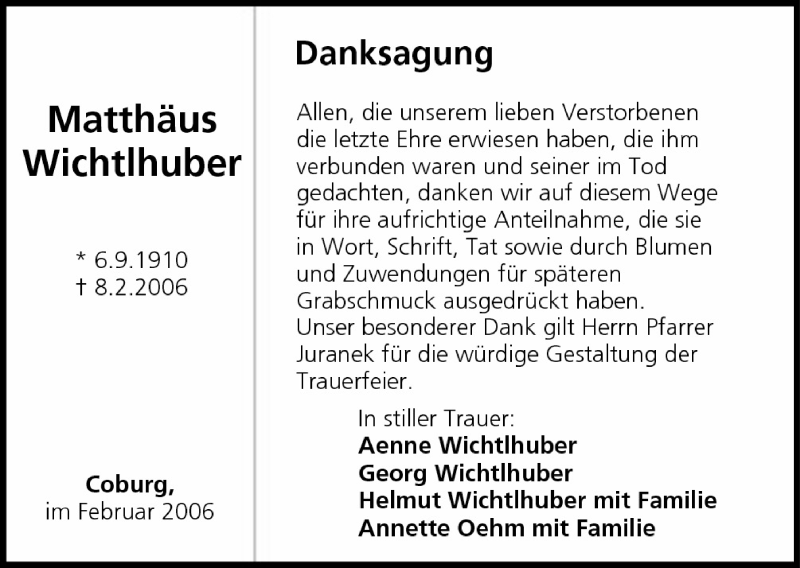  Traueranzeige für Matthäus Wichtlhuber vom 04.03.2006 aus MGO