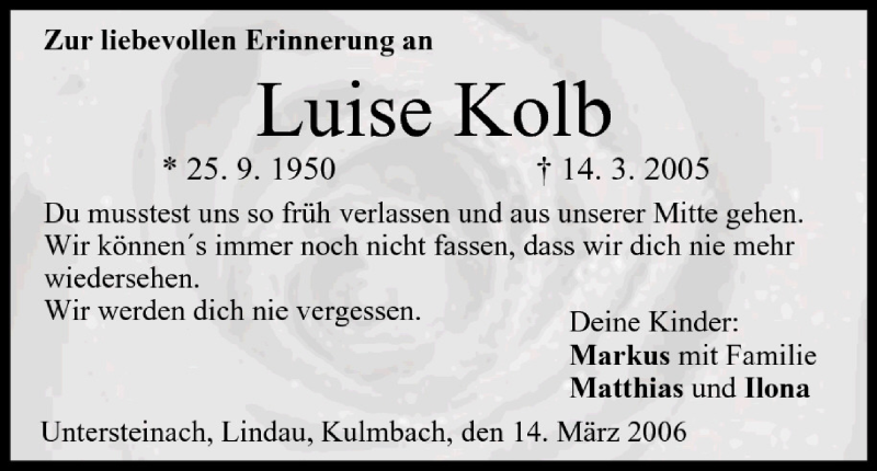 Traueranzeige für Luise Kolb vom 14.03.2006 aus MGO