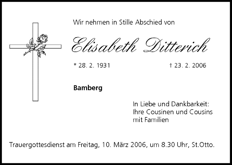  Traueranzeige für Elisabeth Ditterich vom 08.03.2006 aus MGO