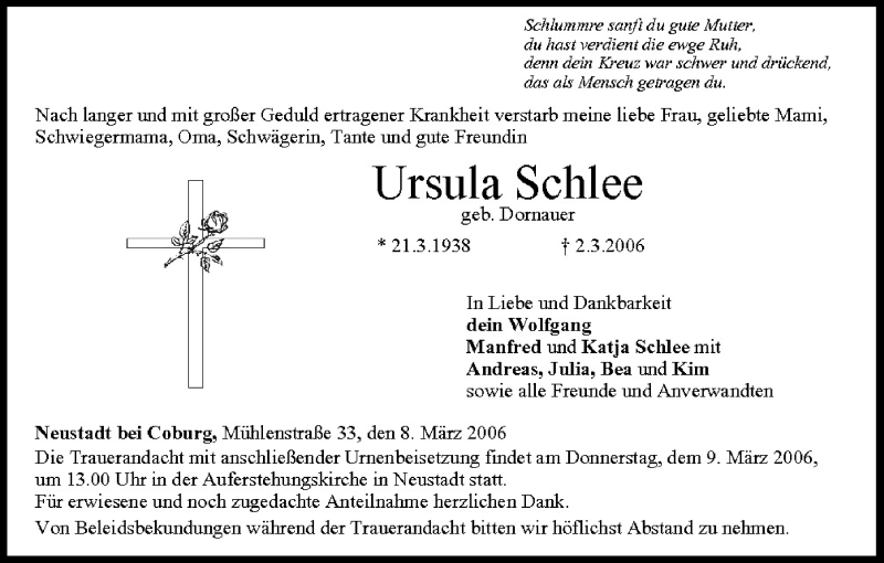  Traueranzeige für Ursula Schlee vom 08.03.2006 aus MGO