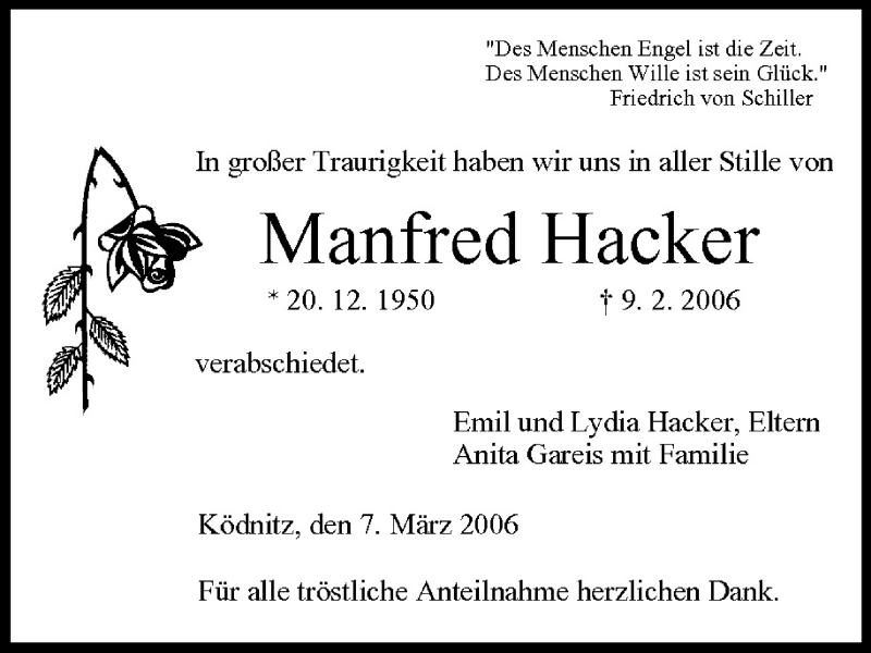  Traueranzeige für Manfred Hacker vom 07.03.2006 aus MGO