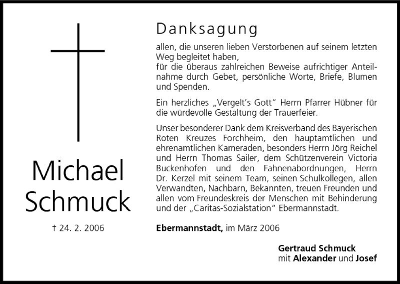  Traueranzeige für Michael Schmuck vom 08.03.2006 aus MGO