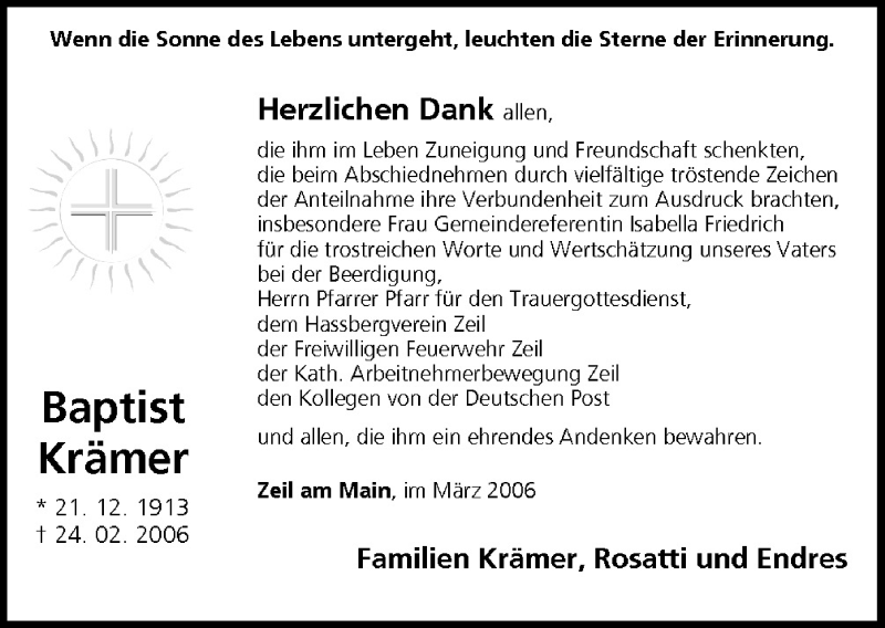  Traueranzeige für Baptist Krämer vom 10.03.2006 aus MGO