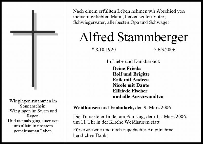  Traueranzeige für Alfred Stammberger vom 09.03.2006 aus MGO