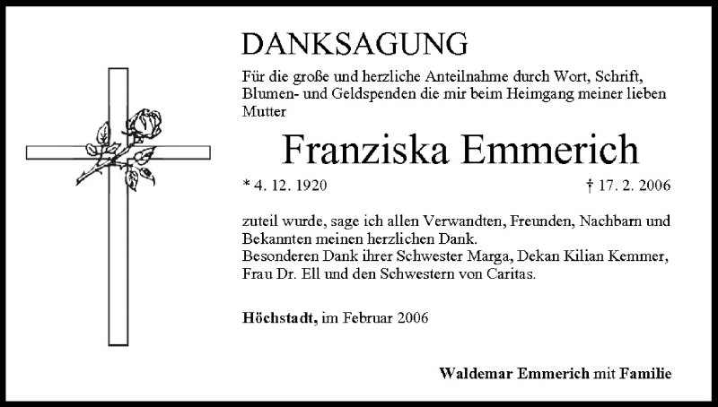  Traueranzeige für Franziska Emmerich vom 11.03.2006 aus MGO