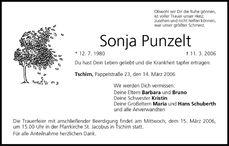  Traueranzeige für Sonja Punzelt vom 14.03.2006 aus MGO