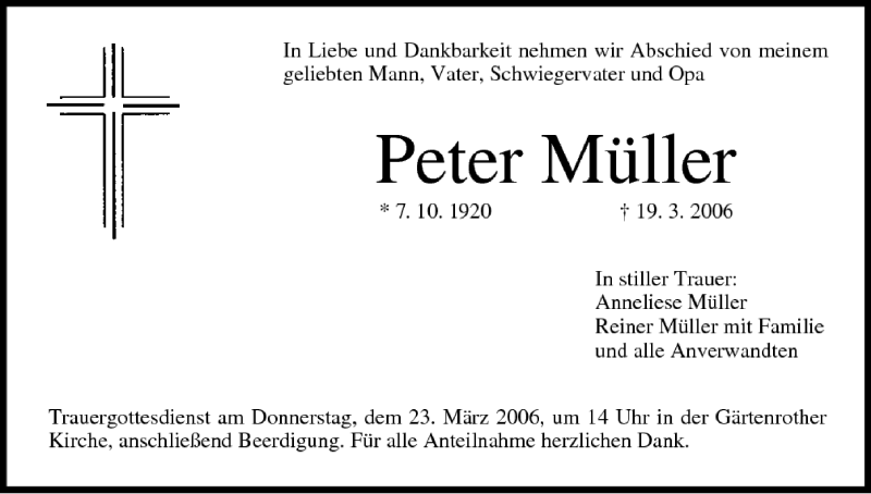  Traueranzeige für Peter Müller vom 21.03.2006 aus MGO
