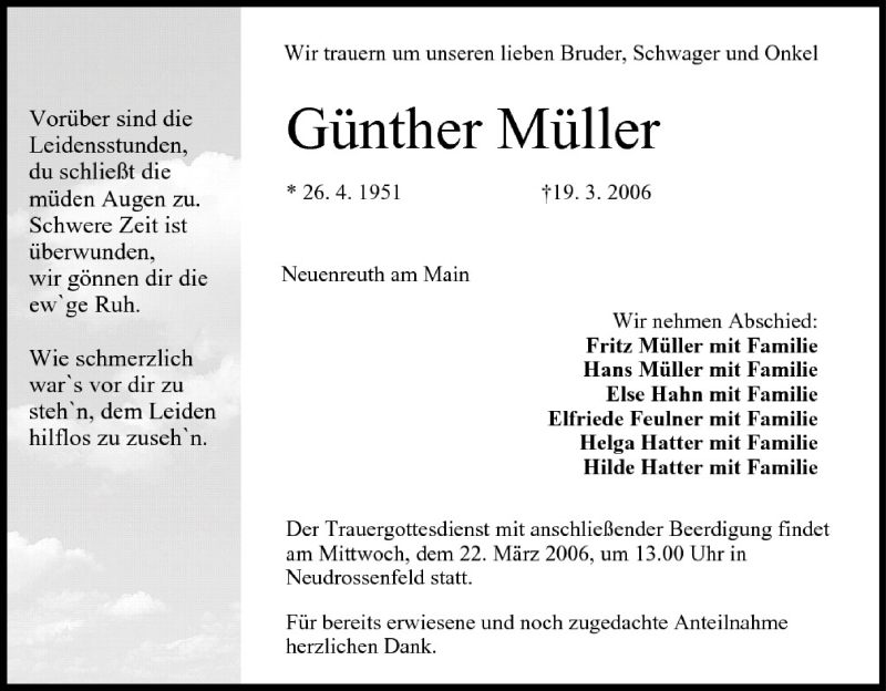  Traueranzeige für Günther Müller vom 21.03.2006 aus MGO