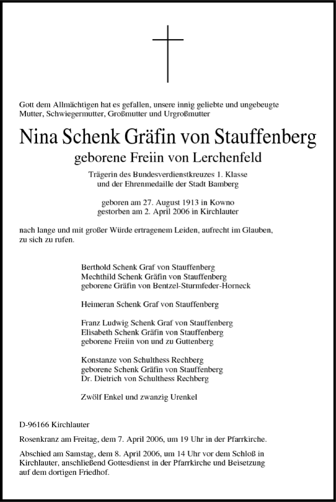  Traueranzeige für Nina Schenk Gräfin von Stauffenberg vom 04.04.2006 aus MGO