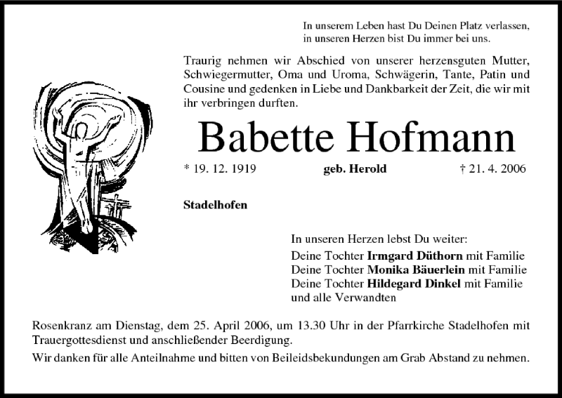  Traueranzeige für Babette Hofmann vom 22.04.2006 aus MGO