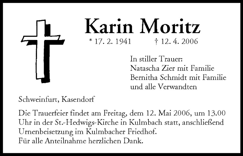  Traueranzeige für Karin Moritz vom 10.05.2006 aus MGO