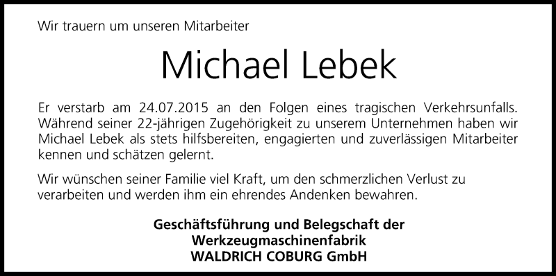  Traueranzeige für Michael Lebek vom 31.07.2015 aus MGO