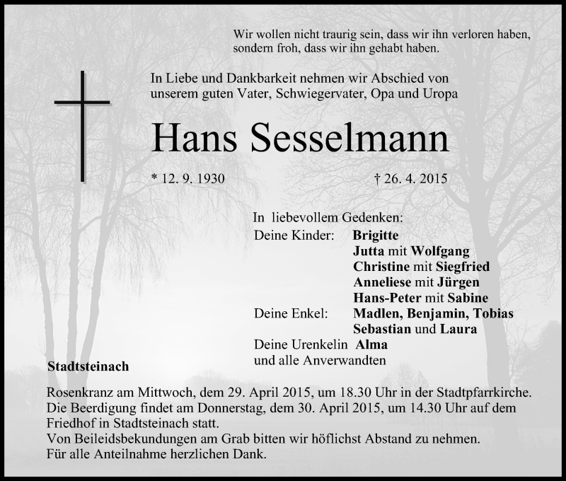  Traueranzeige für Hans Sesselmann vom 28.04.2015 aus MGO