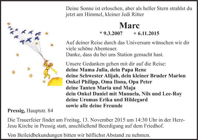  Traueranzeige für Marc  vom 11.11.2015 aus MGO