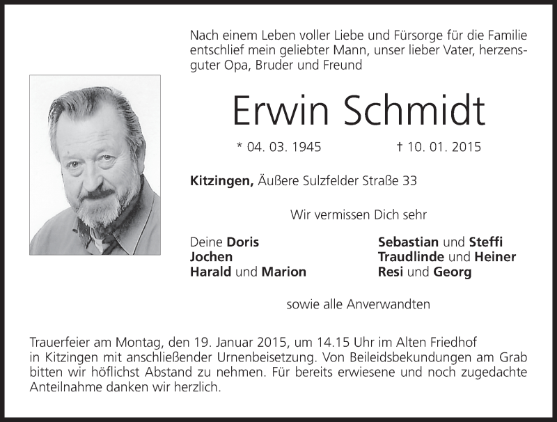  Traueranzeige für Erwin Schmidt vom 15.01.2015 aus MGO